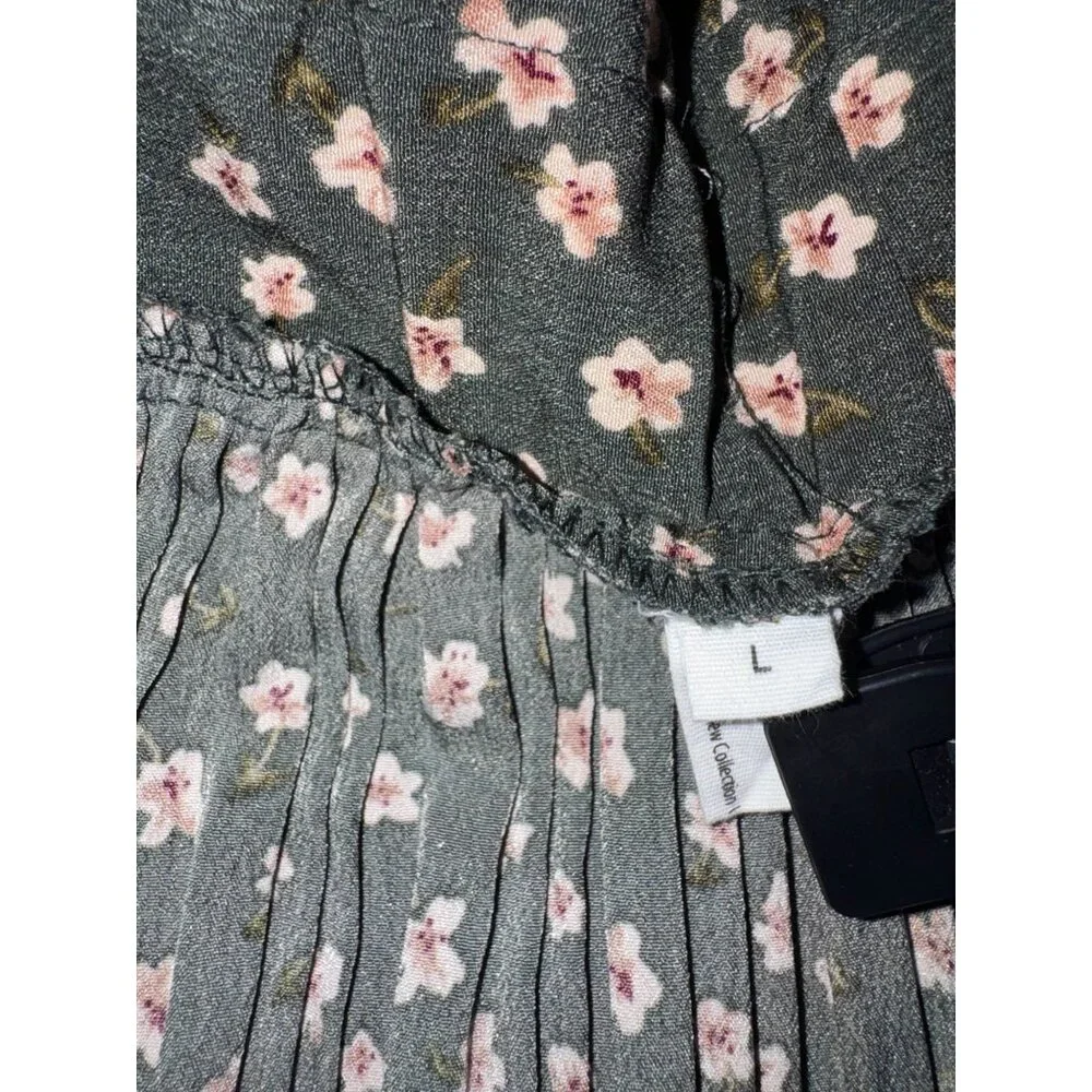 Floral Pleated Midi Skirt Green With Pink & White Flowers Large 100% Cotton Vint - Picture 3 of 6